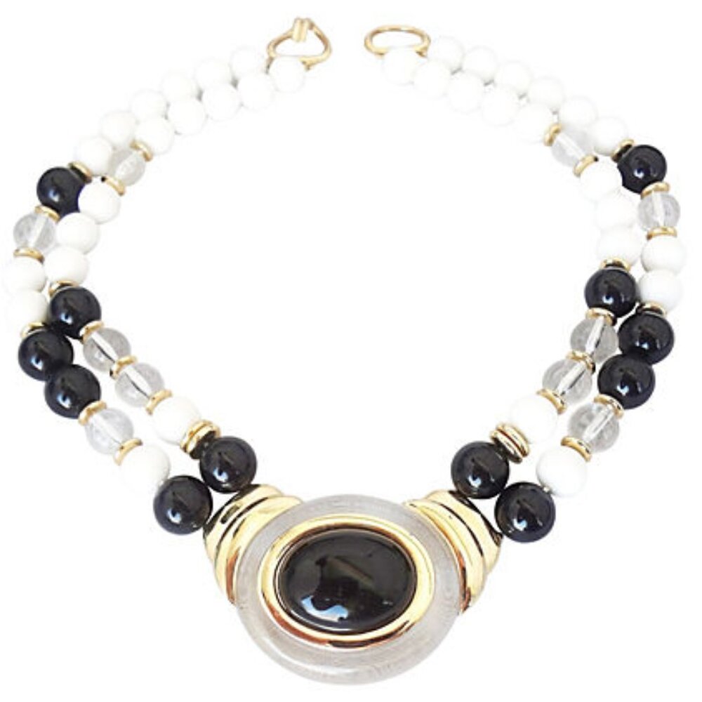 Vintage Signed Trifari Clear Lucite & Faux-Onyx Cabochon Necklace